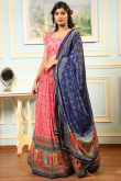 Satin Salmon Pink Printed Flared Lehenga