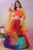 Satin Silk Salmon Orange Flared Lehenga With Printed Work