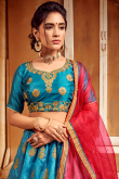 Sea Blue Dupion Silk Panelled Lehenga