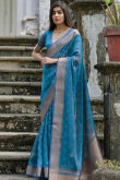 Sea Blue Kora Silk Woven Zari Broad Border Saree 
