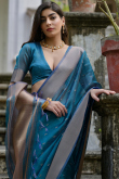 Sea Blue Kora Silk Woven Zari Broad Border Saree 