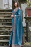 Sea Blue Kora Silk Woven Zari Broad Border Saree 