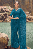 Sea Blue Net Embroidered Light Weight Saree for Festive Use