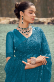 Sea Blue Net Embroidered Light Weight Saree for Festive Use
