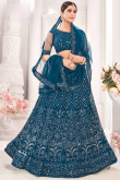 Sea Blue Net Embroidered Party Wear Lehenga