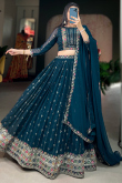 Sea Blue Sequins Embroidered Georgette Flared Style Lehenga 