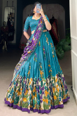 Sea Blue Silk Printed Flared Style Lehenga