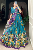 Sea Blue Silk Printed Flared Style Lehenga