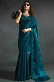 Sea Blue Tissue Silk Saree With Sequins Work For Party 