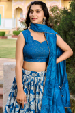 Sea Blue Tussar Silk Lehenga With Printed Work For Diwali 