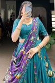 Sea Blue Tussar Silk Lehenga With Printed Work For Diwali