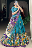 Sea Blue Tussar Silk Lehenga With Printed Work For Diwali