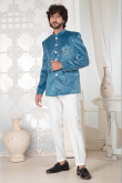 Sea Blue Velvet Embroidered Men's Sherwani