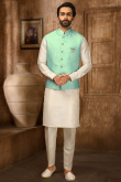 Seafoam Green Art Silk Jacket style Men's Kurta Pajama