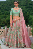 Seafoam Green Silk Resham Embroidered Panelled Style Lehenga