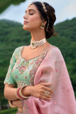 Seafoam Green Silk Resham Embroidered Panelled Style Lehenga