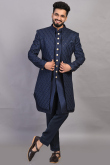 Sequins And Thread Embroidered Raw Silk Navy Blue Men Sherwani