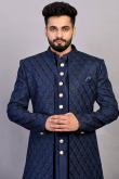 Sequins And Thread Embroidered Raw Silk Navy Blue Men Sherwani