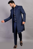 Sequins And Thread Embroidered Raw Silk Navy Blue Men Sherwani