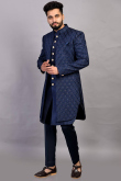 Sequins And Thread Embroidered Raw Silk Navy Blue Men Sherwani
