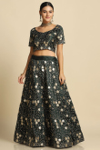 Sequins Embroidered Art Silk Lehenga In Dark Green 