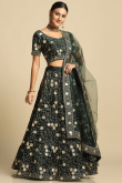 Sequins Embroidered Art Silk Lehenga In Dark Green 