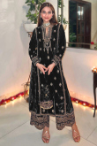 Sequins Embroidered Black Velvet Straight Cut Trouser Suit 
