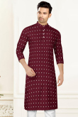 Sequins Embroidered Cotton Burgundy Maroon Men Kurta Pajama