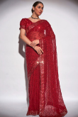 Sequins Embroidered Georgette Cherry Red Sangeet Saree