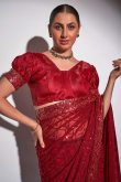 Sequins Embroidered Georgette Cherry Red Sangeet Saree
