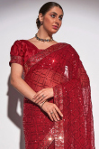 Sequins Embroidered Georgette Cherry Red Sangeet Saree