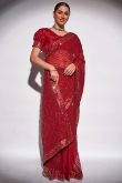 Sequins Embroidered Georgette Cherry Red Sangeet Saree