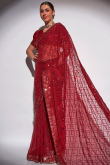 Sequins Embroidered Georgette Cherry Red Sangeet Saree