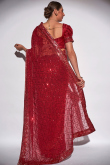 Sequins Embroidered Georgette Cherry Red Sangeet Saree