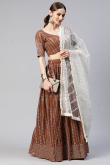 Sequins Embroidered Georgette Dark Brown Lehenga