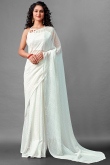 White Georgette Fancy Saree with Sequins Embroidery