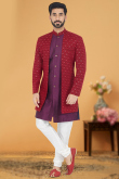 Sequins Embroidered Jacquard Plum Purple Men Sherwani