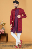 Sequins Embroidered Jacquard Plum Purple Men Sherwani
