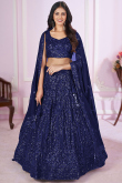 Sequins Embroidered Navy Blue Georgette Panelled Style Lehenga
