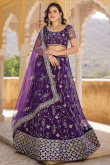 Sequins Embroidered Net Dark Purple Flared Style Lehenga