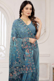 Sequins Embroidered Net Sea Blue Saree