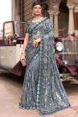 Sequins Embroidered Net Steel Grey Saree