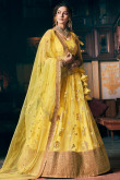 Sequins Embroidered Net Yellow Lehenga