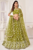 Sequins Embroidered Olive Green Flared Net Lehenga 