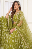 Sequins Embroidered Olive Green Flared Net Lehenga 