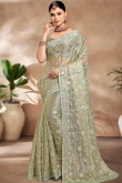 Sequins Embroidered Sage Green Chiffon Shimmer Saree 