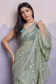 Sequins Embroidered Sage Green Shimmer Chiffon Saree