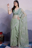 Sequins Embroidered Sage Green Shimmer Chiffon Saree