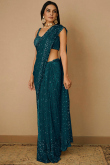 Sequins Embroidered Teal Blue Net Fancy Saree 