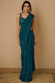 Sequins Embroidered Teal Blue Net Fancy Saree 